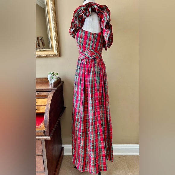 Vintage 1970s Red Royal Stewart Tartan Plaid Ruffle Off Shoulder Maxi Dress XS - Picture 7 of 16